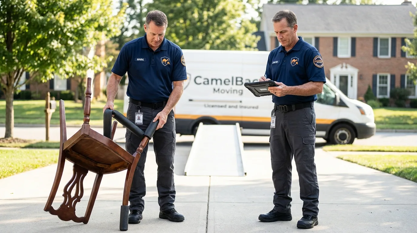 Movers inspecting furniture for damage prevention before loading in Castine, ME